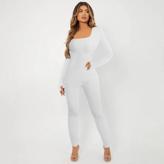 Damen Langarm Jumpsuit im eleganten Rippenmuster