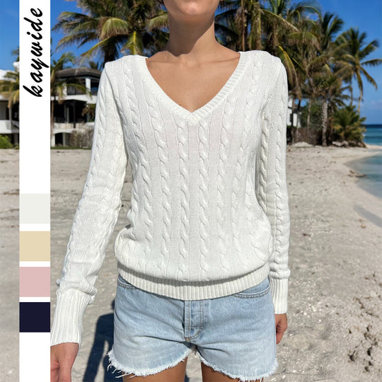 Damen nan Feinstrickpullover mit Zopfmuster, tiefem V‑Ausschnitt und schmaler Bundpassform Shop Nory