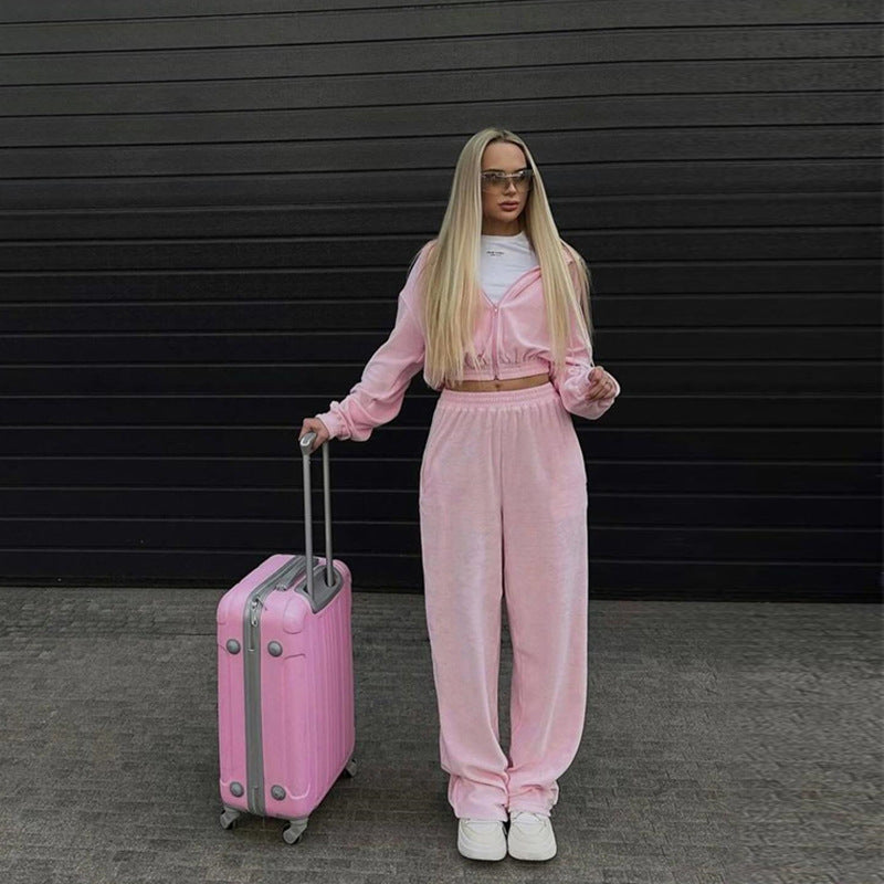 Damen samtiges Lounge-Set mit kurzem Zip-Hoodie, elastischem Rippbund und weitem High-Waist Palazzo-Hose Shop Nory