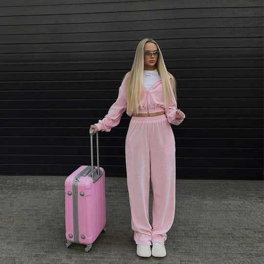 Damen samtiges Lounge-Set mit kurzem Zip-Hoodie, elastischem Rippbund und weitem High-Waist Palazzo-Hose Shop Nory