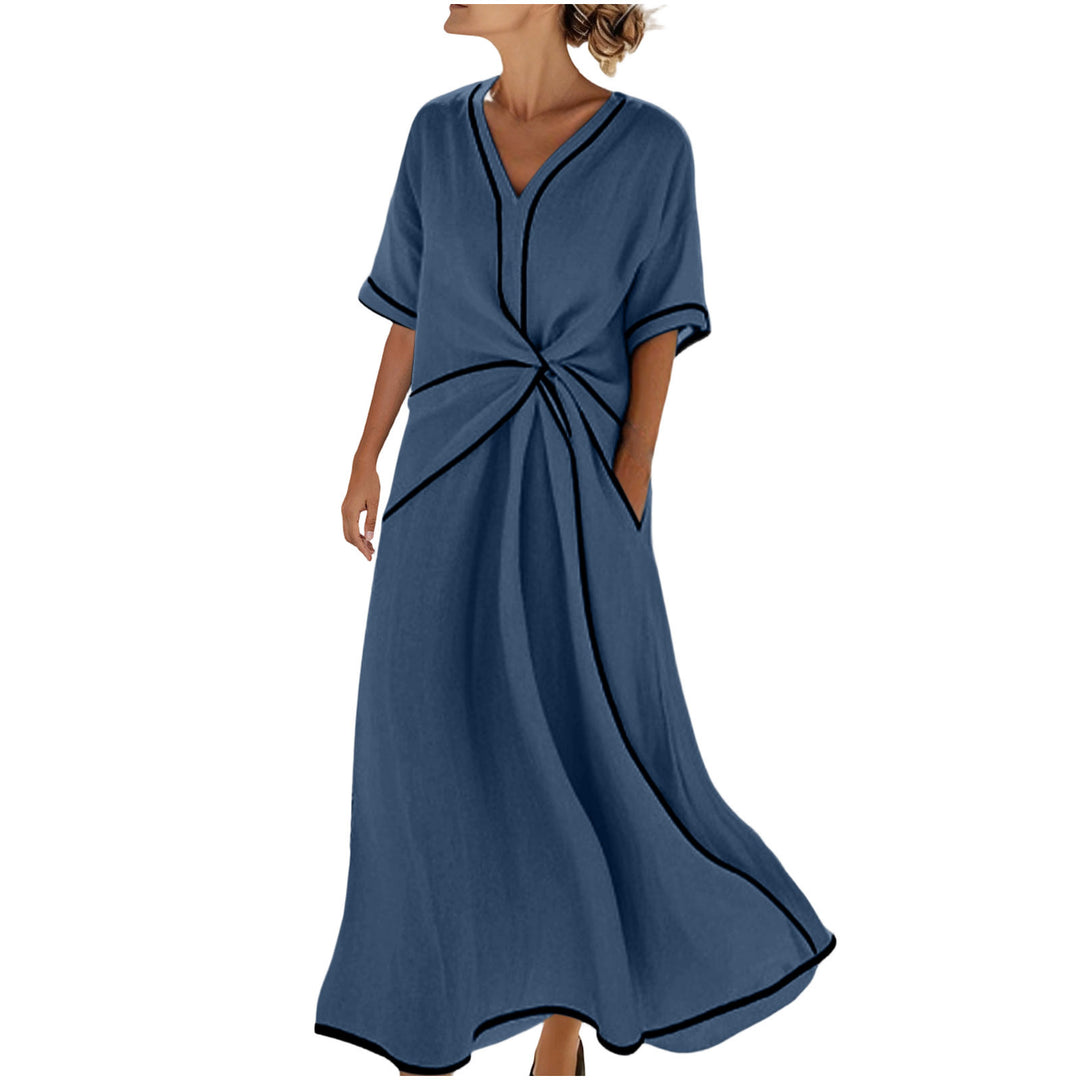 Damen Langes A-Linienkleid mit V‑Ausschnitt, Knoten-Detail und Kontrastpaspel Shop Nory