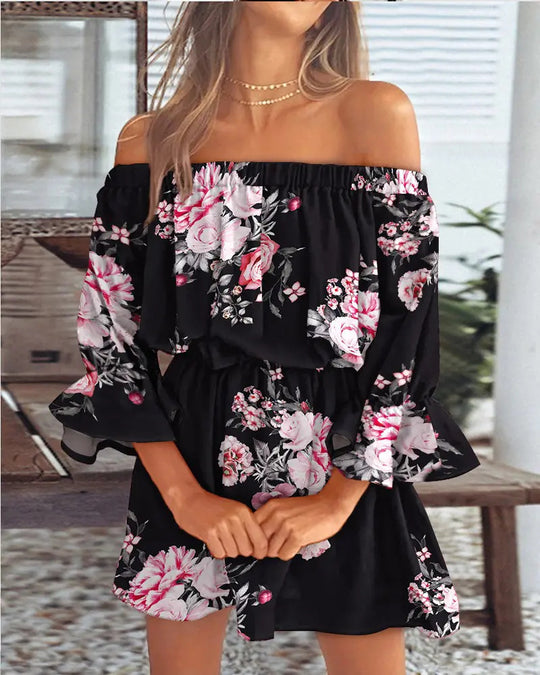 Damen Schulterfreies Minikleid mit elastischer Taillenpassform und Volantärmeln Shop Nory