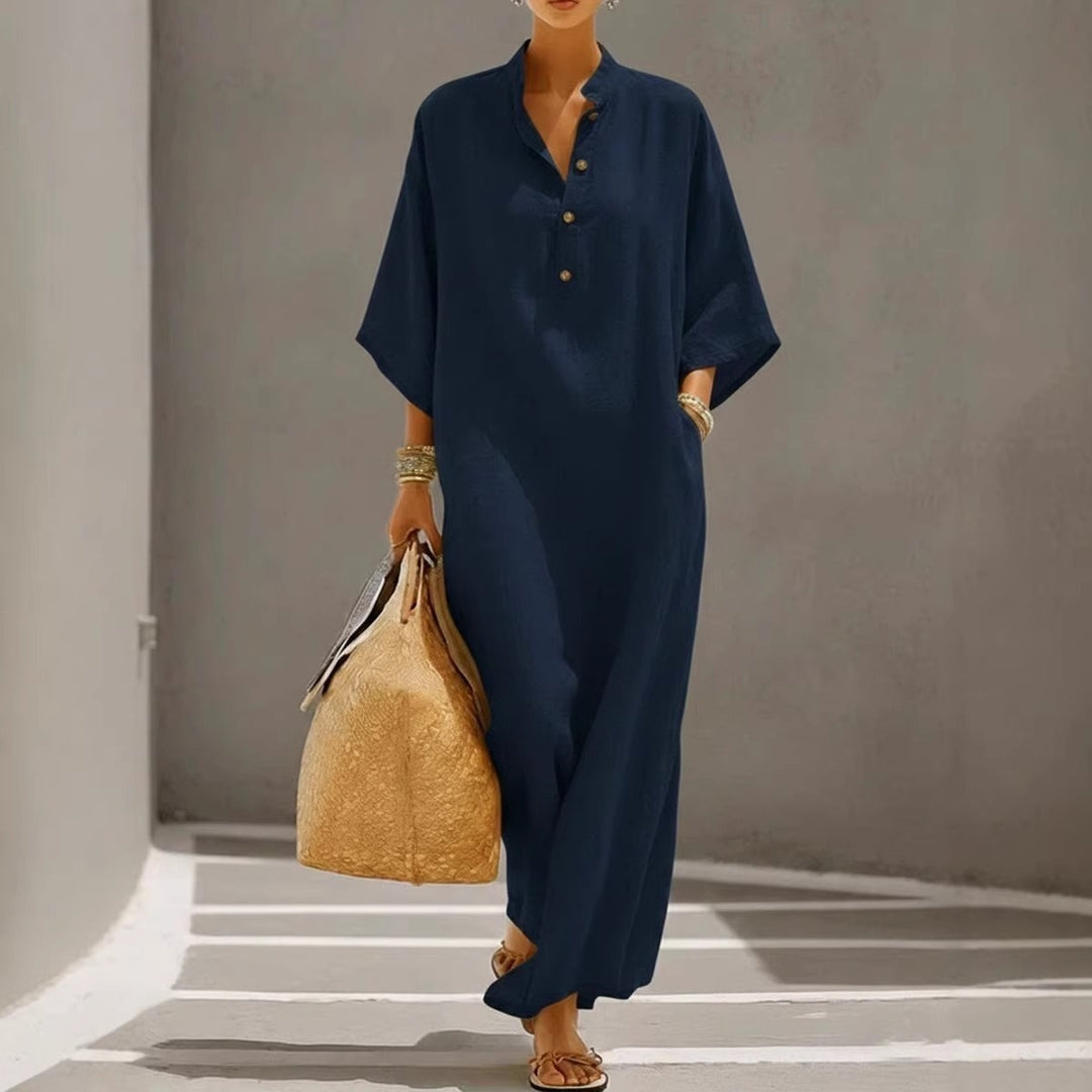 Damen Weites Kaftan-Midikleid mit Stehkragen und 3-Knopf-Blende Shop Nory