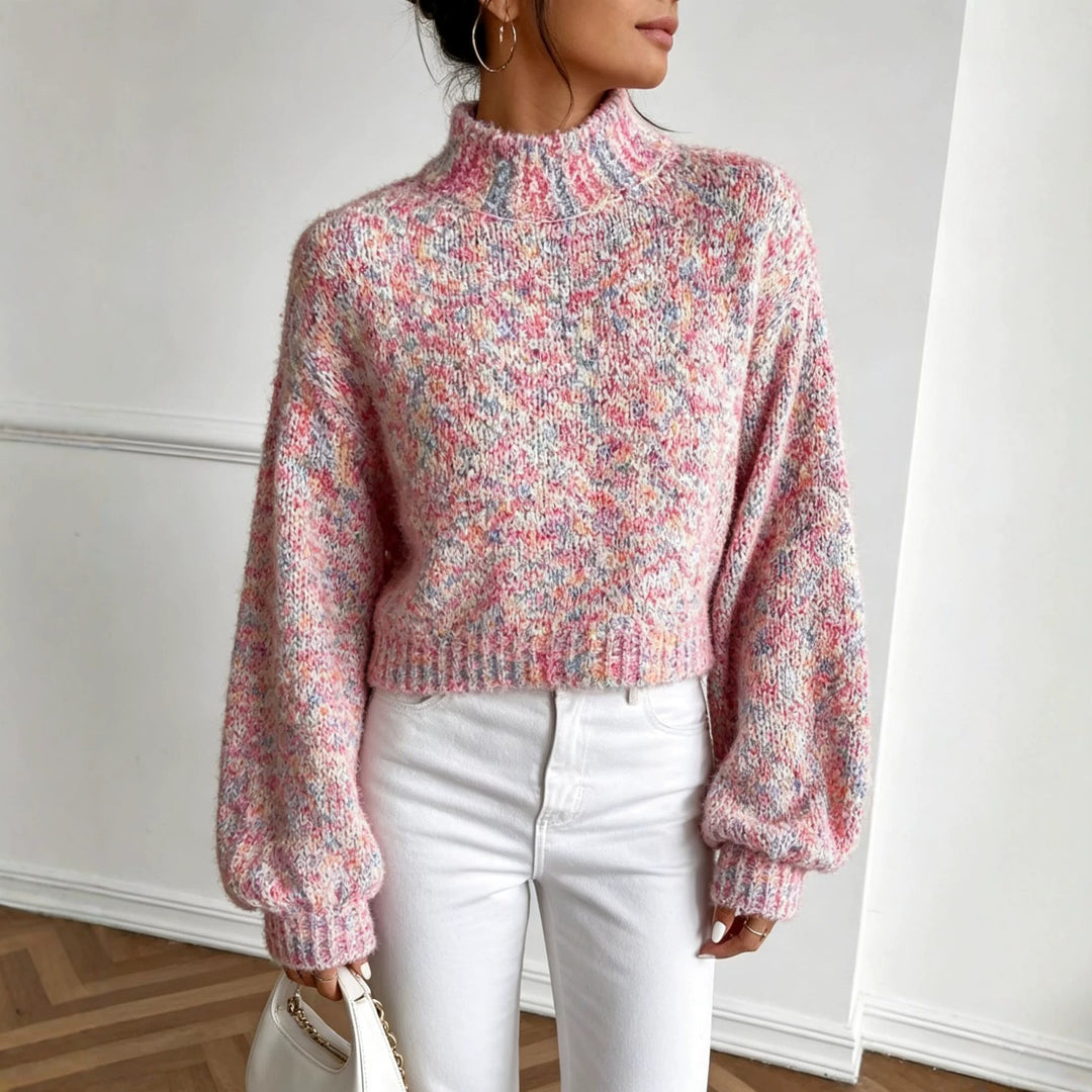 Damen Kurzgeschnittener Oversize-Pullover mit Stehkragen, mehrfarbigem Bouclé-Muster und Ballonärmeln Shop Nory