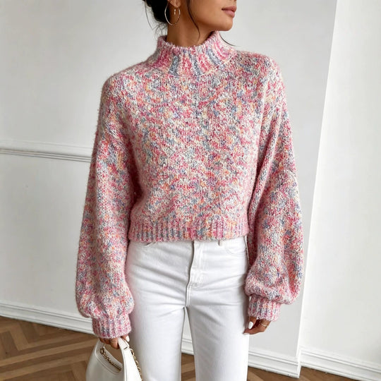 Damen Kurzgeschnittener Oversize-Pullover mit Stehkragen, mehrfarbigem Bouclé-Muster und Ballonärmeln Shop Nory