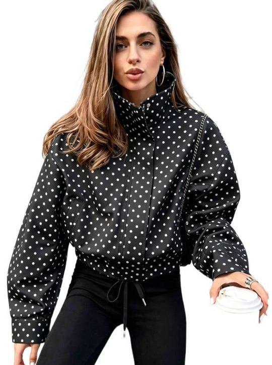 Damen Gepunktete kurze Übergangsjacke mit Stehkragen und Tunnelzug Shop Nory