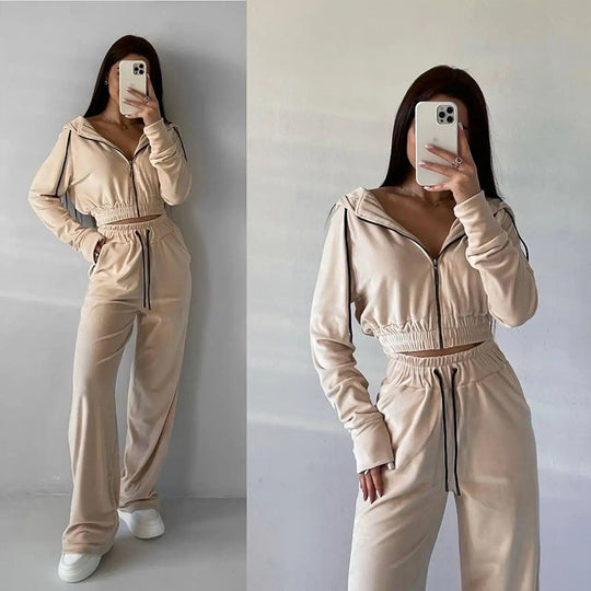 Damen Samt-Loungewear-Set mit Cropped Zip-Kapuzenjacke und weiter Palazzohose Shop Nory
