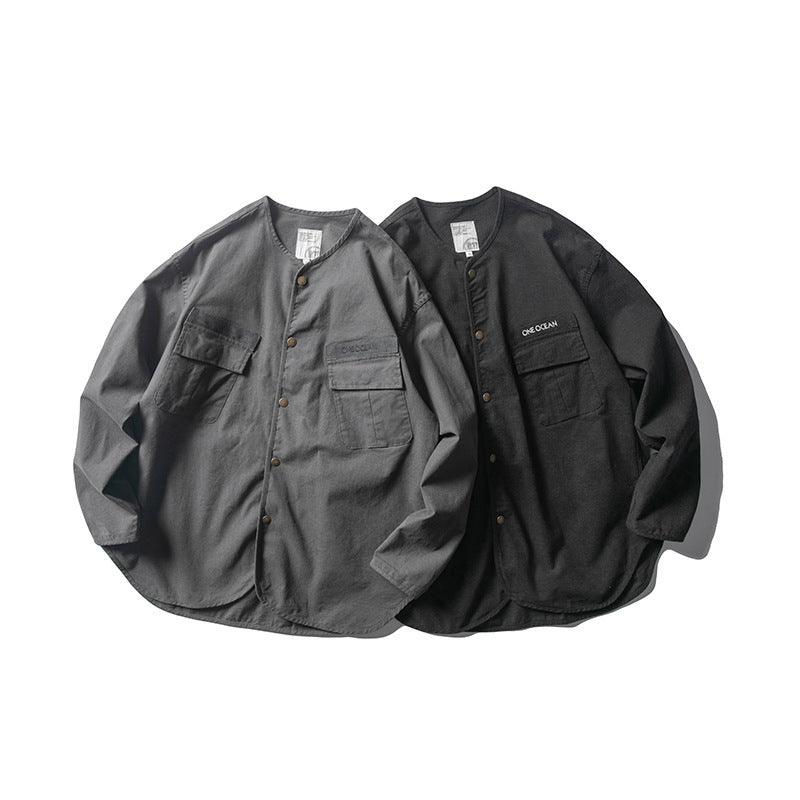 Unisex Kragenlose Overshirt-Jacke mit Druckknopfblende und aufgesetzten Brusttaschen Shop Nory