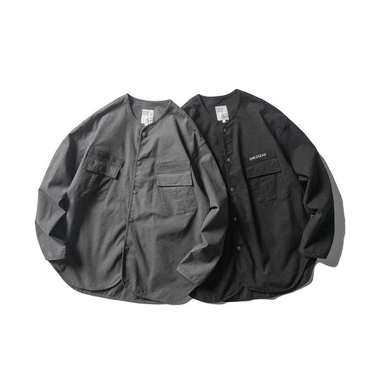 Unisex Kragenlose Overshirt-Jacke mit Druckknopfblende und aufgesetzten Brusttaschen Shop Nory