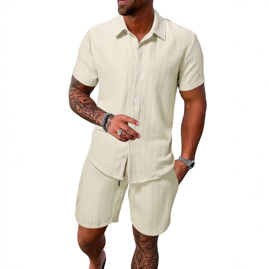 Herren nan luftiges Kurzarm-Hemd mit offenem Revers und passender Freizeishorts aus strukturierter Baumwollmischung Shopnory