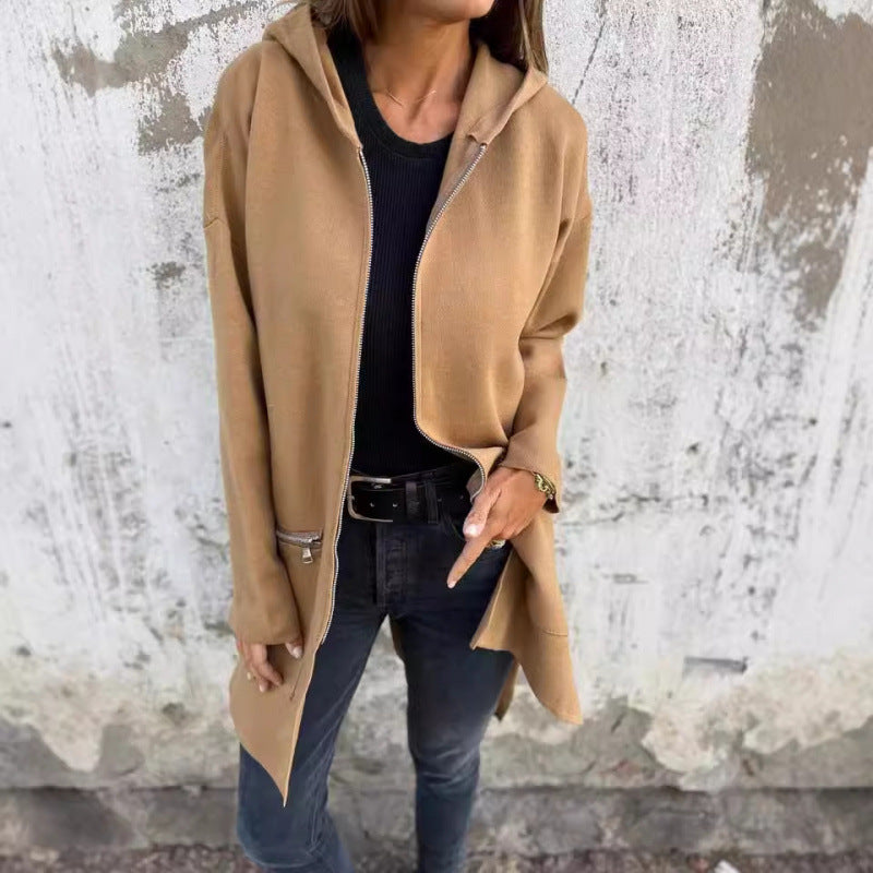 Damen Kapuzen-Longcardigan mit durchgehendem Reißverschluss und Ziertaschen Shop Nory