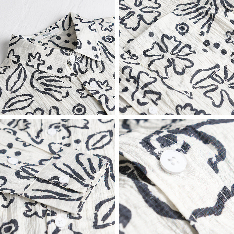 Herren Lockeres Crinkle-Hemd mit handgezeichnetem Blumenprint und Brusttasche Shop Nory