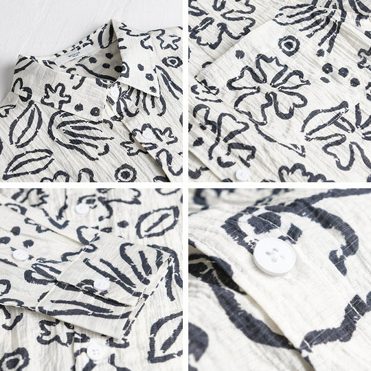 Herren Lockeres Crinkle-Hemd mit handgezeichnetem Blumenprint und Brusttasche Shop Nory