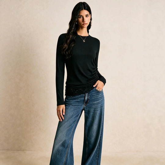 Damen figurbetontes geripptes Langarmshirt mit seitlicher Raffung und Spitzen-Saum Shop Nory
