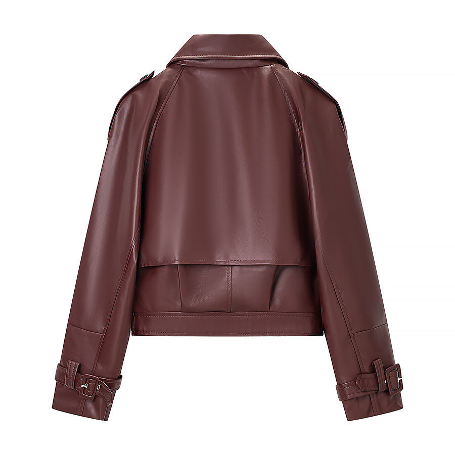 Damen Kurz geschnittene Bikerjacke aus Lederoptik mit asymmetrischer Reversklappe und Taillenriegel Shop Nory