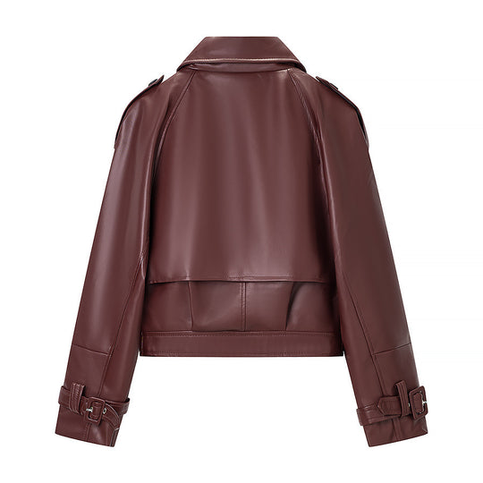 Damen Kurz geschnittene Bikerjacke aus Lederoptik mit asymmetrischer Reversklappe und Taillenriegel Shop Nory