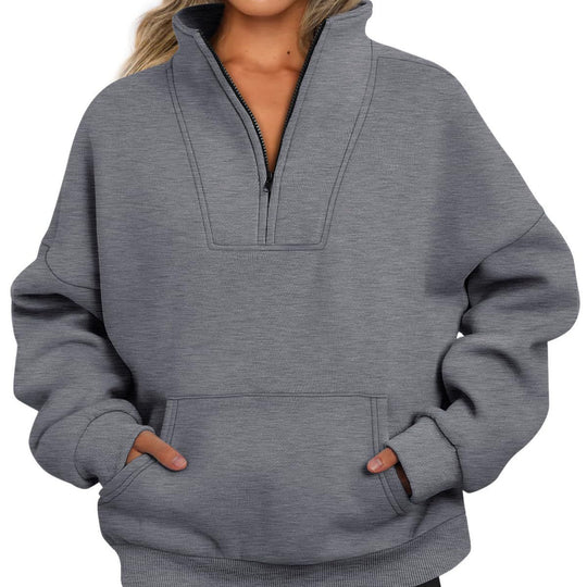 Damen nan oversized Halbzip-Hoodie mit hohem Stehkragen, Kängurutasche und gerippten Bündchen Shop Nory