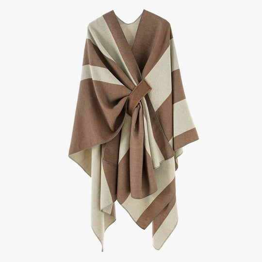 Damen weit geschnittenes Cape aus Wollmischung mit Bindegürtel und kontrastierten Säumen Shop Nory