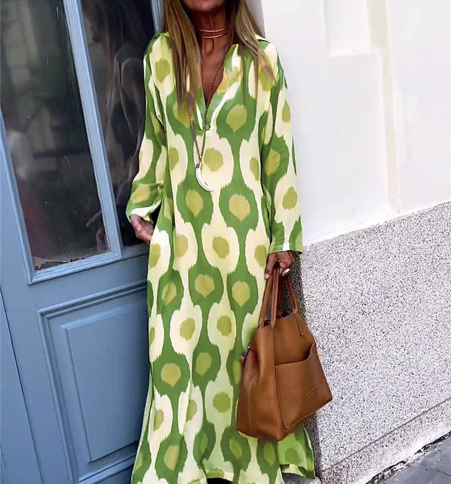 Damen Langes Boho-Maxikleid mit V-Ausschnitt, lockerem Schnitt und auffälligem Allover-Print Shop Nory