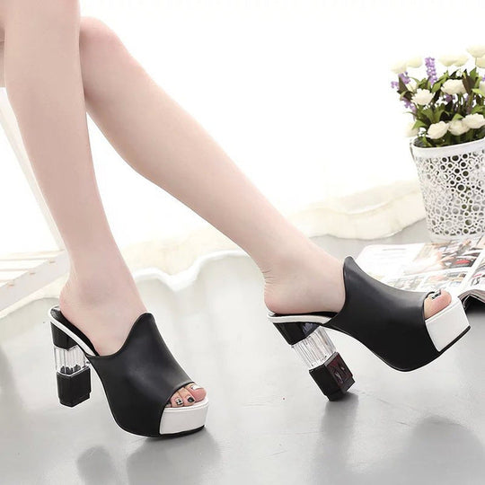 Damen hochwertige Plateau-Mules mit transparentem Blockabsatz Shopnory