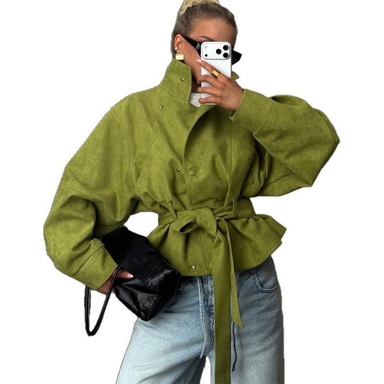 Damen Taillierte Kurzjacke in Velourslederoptik mit weitem Ärmel und Bindegürtel Shop Nory