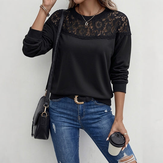Damen Legeres Langarmshirt mit transparenter Spitzenpasse und Rundhalsausschnitt Shop Nory