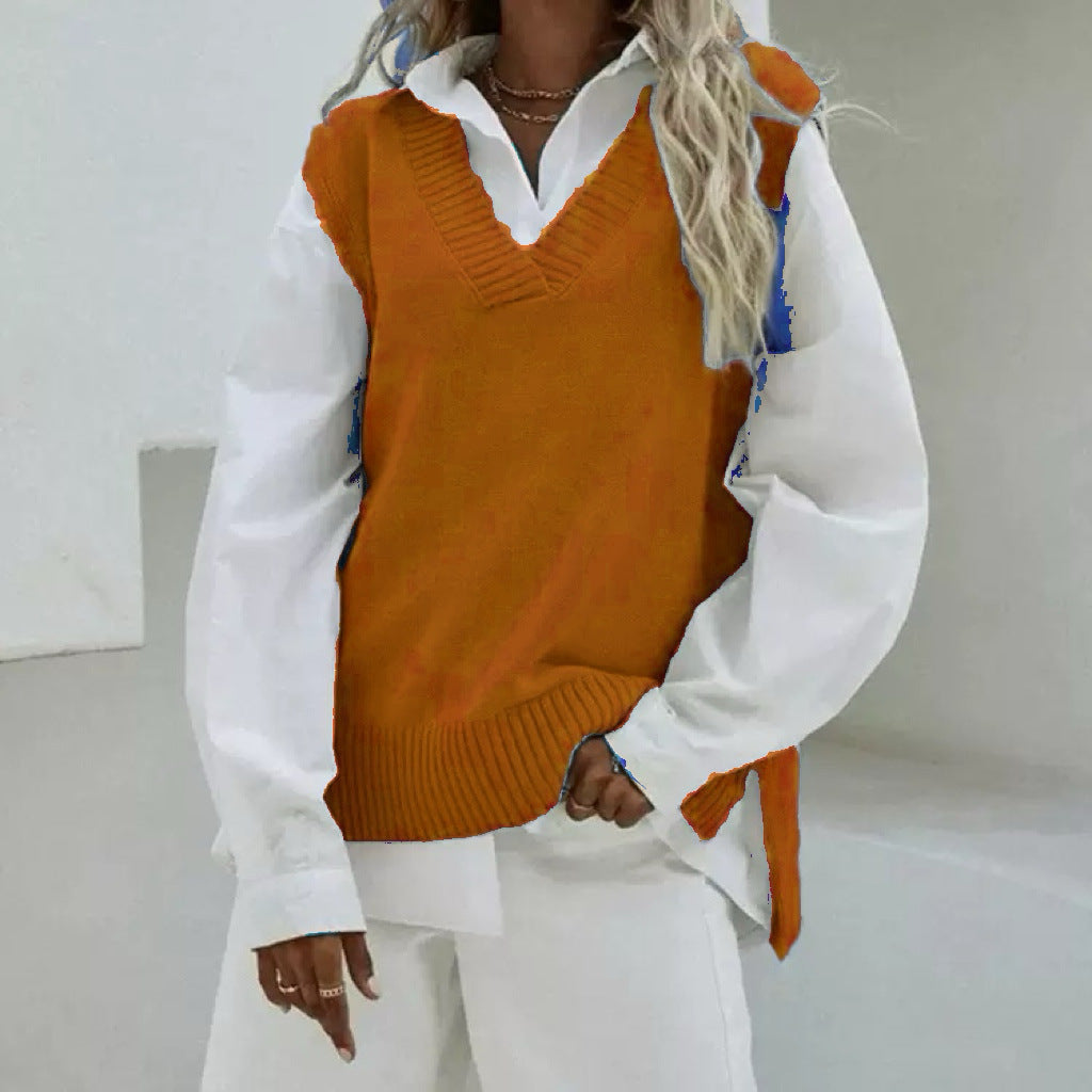 Damen Ärmellose Strickweste mit V-Ausschnitt und seitlichen Schlitzen Shop Nory