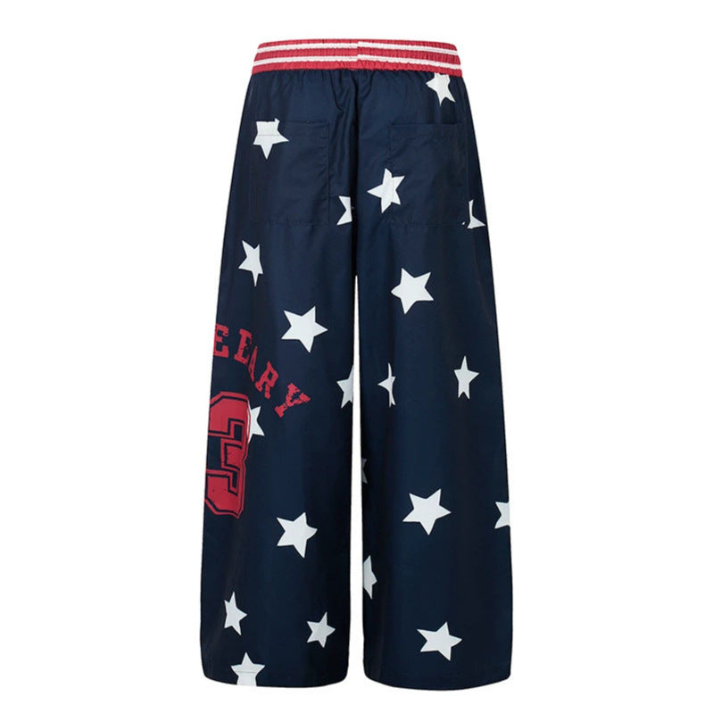 Damen Palazzo-Loungehose im Athleisure-Stil mit Stern-Allover, hohem Rippbund und Statement-Print Shop Nory