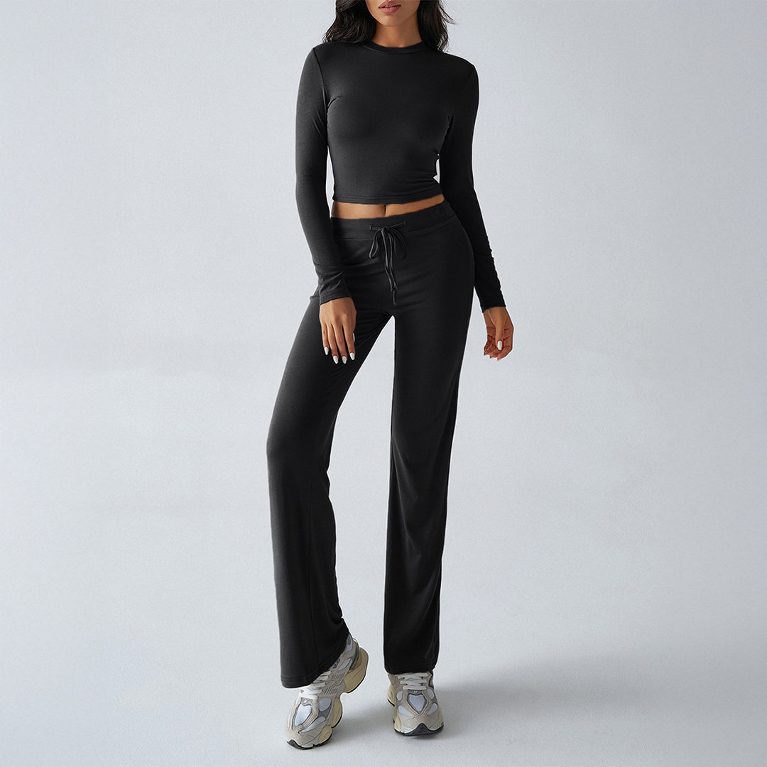 Damen nan tailliertes Longsleeve-Crop-Top und weite Lounge-Hose im Zweiteiler-Set aus Stretchjersey Shop Nory