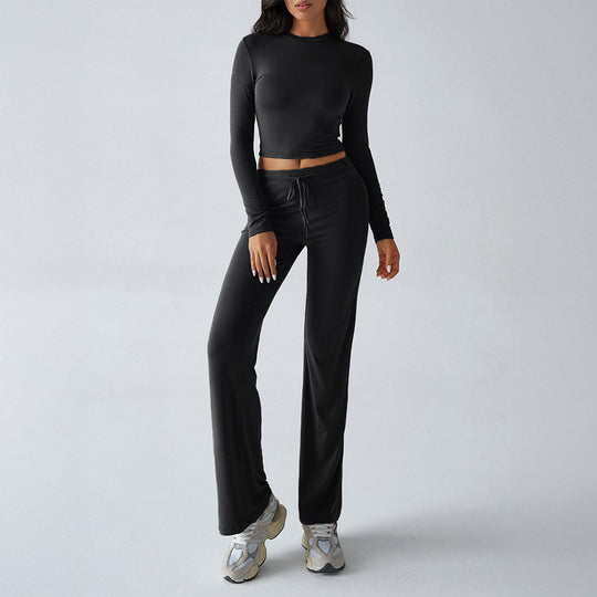 Damen nan tailliertes Longsleeve-Crop-Top und weite Lounge-Hose im Zweiteiler-Set aus Stretchjersey Shop Nory