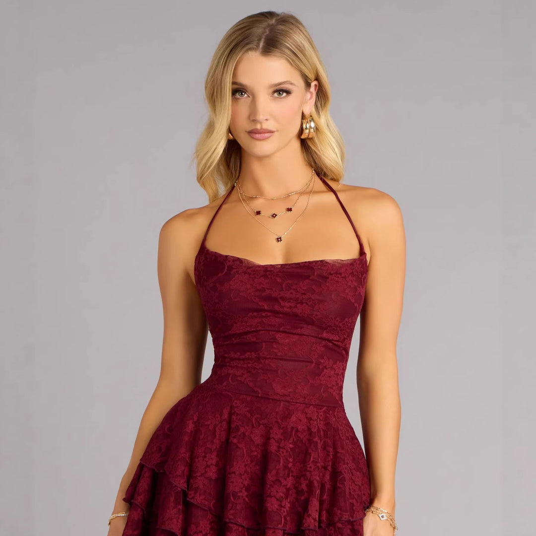 Damen verspieltes Spitzen-Minikleid mit Rüschendetails Shopnory