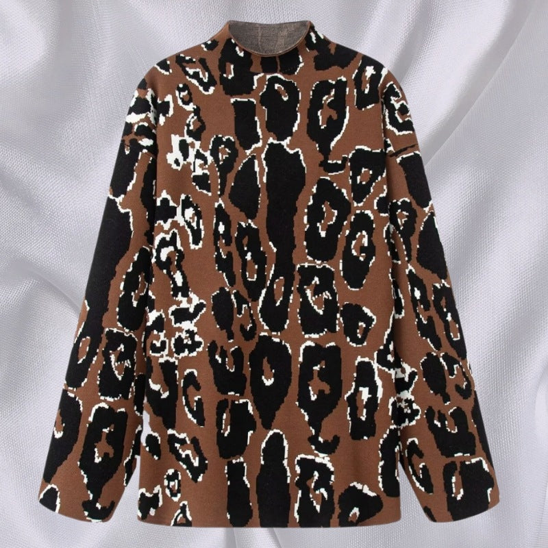 Damen Oversize-Strickpullover mit Stehkragen und Jacquard-Leopardenmuster Shop Nory