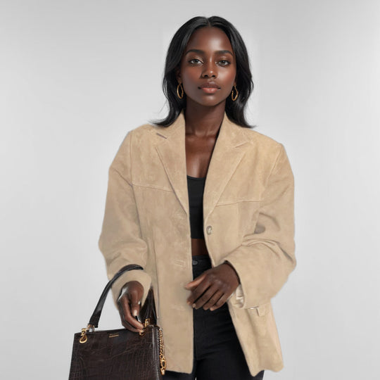 Damen nan Oversize Wildlederblazer mit Reverskragen und aufgesetzten Taschen Shop Nory