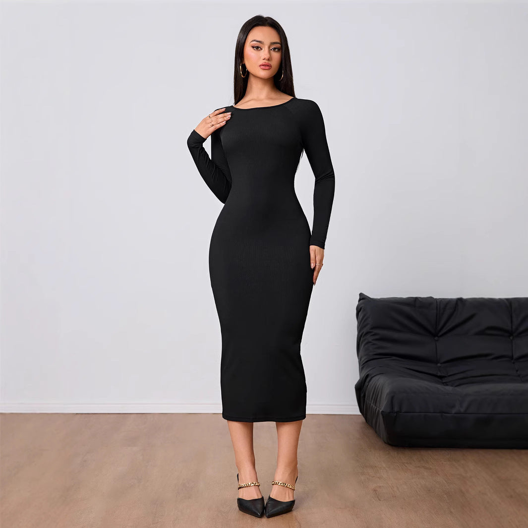 Damen figurbetontes Stretch-Midikleid mit U‑Boot‑Ausschnitt und figurformendem Rippstrick Shop Nory