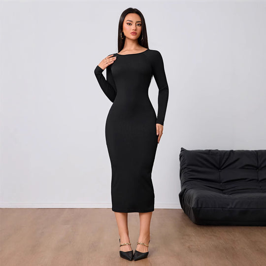 Damen figurbetontes Stretch-Midikleid mit U‑Boot‑Ausschnitt und figurformendem Rippstrick Shop Nory