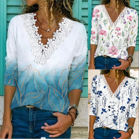 Damenbluse mit V-Ausschnitt und Spitzenbesatz, 3/4-Ärmel, Blumenmuster und lockerer Schnitt Shop Nory