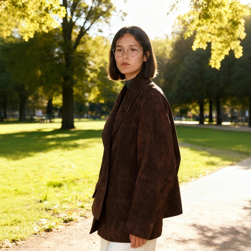Damen Oversize Wildlederoptik-Blazerjacke mit Reverskragen und Pattentaschen Shop Nory