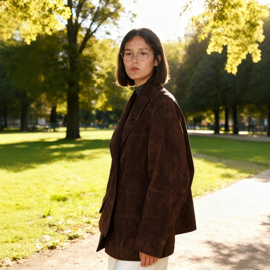Damen Oversize Wildlederoptik-Blazerjacke mit Reverskragen und Pattentaschen Shop Nory