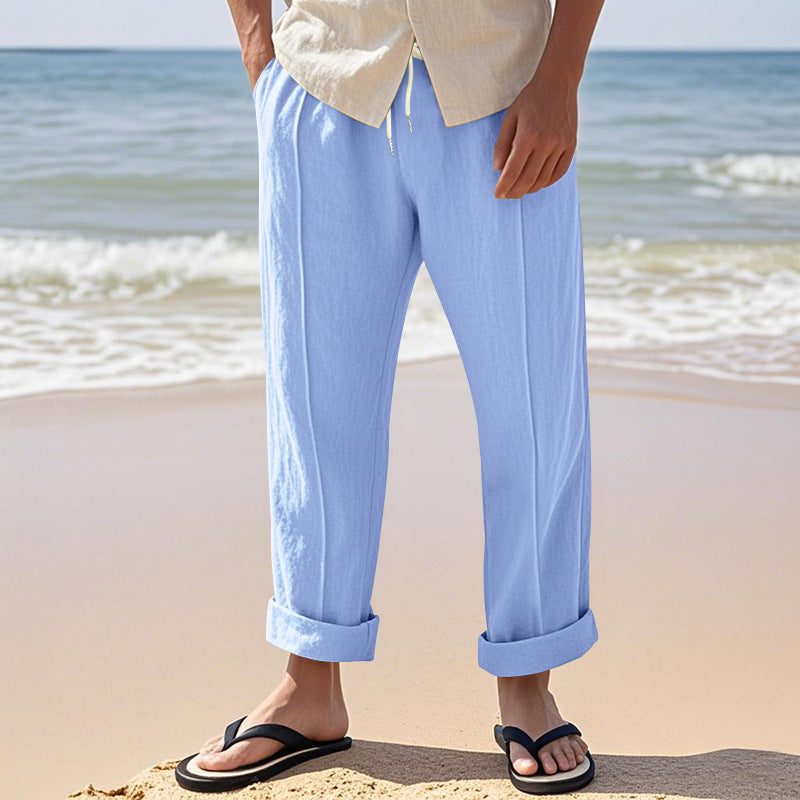 Herren Leichte Bundfalten‑Freizeithose aus Leinenmix mit elastischem Kordelbund und aufgerolltem Saum Shop Nory
