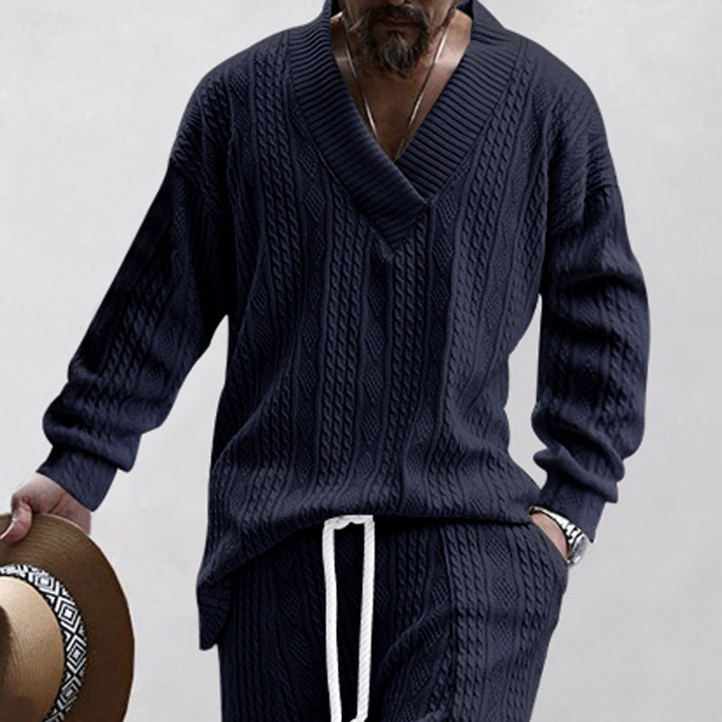 Herren lässiger Strickpullover mit V-Ausschnitt und Kabelmuster