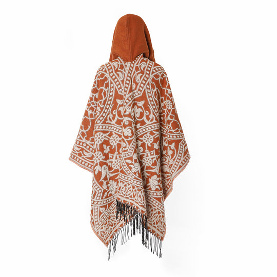 Damen Kapuzen-Ruana aus Wollmix mit Ornament-Jacquard und Fransen Shop Nory