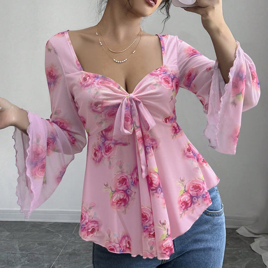 Damen florales Chiffon-Top mit Bindeschleife, Herzausschnitt, ausgestellten Glockenärmeln und tailliertem Schößchen Shop Nory