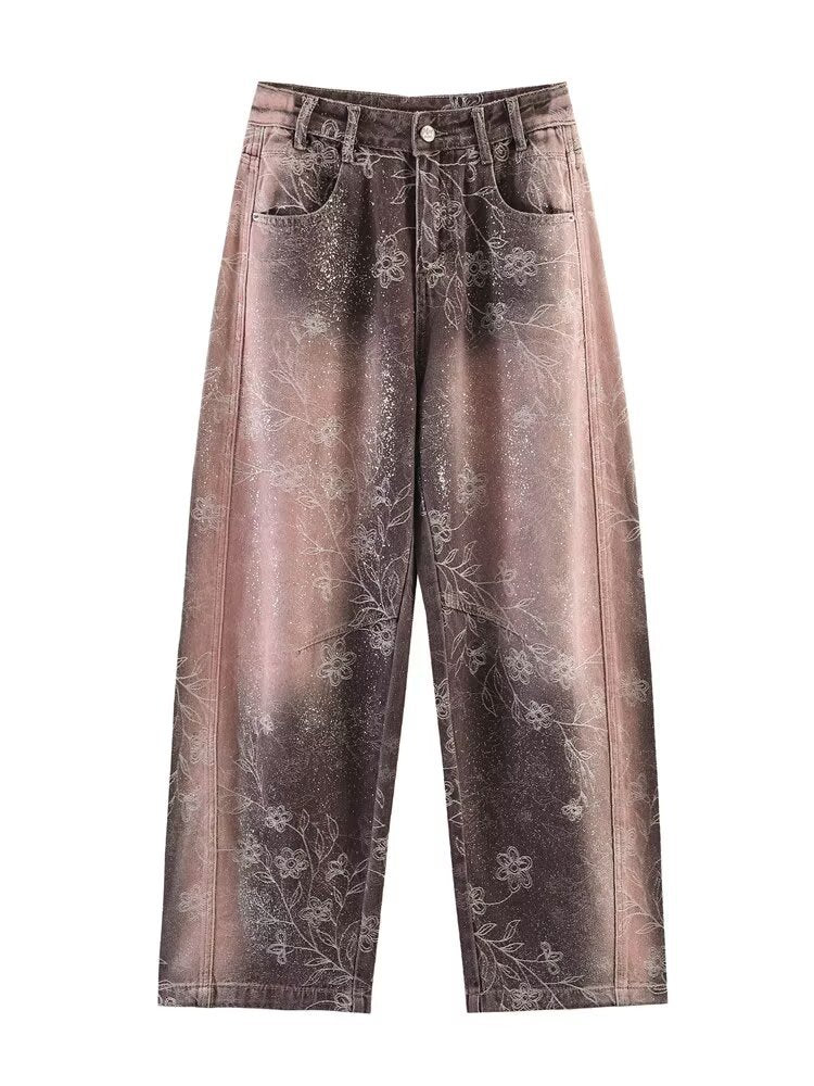 Damen Weite High‑Waist‑Jeans mit floralem Allover‑Print und Used‑Farbverlauf Shop Nory