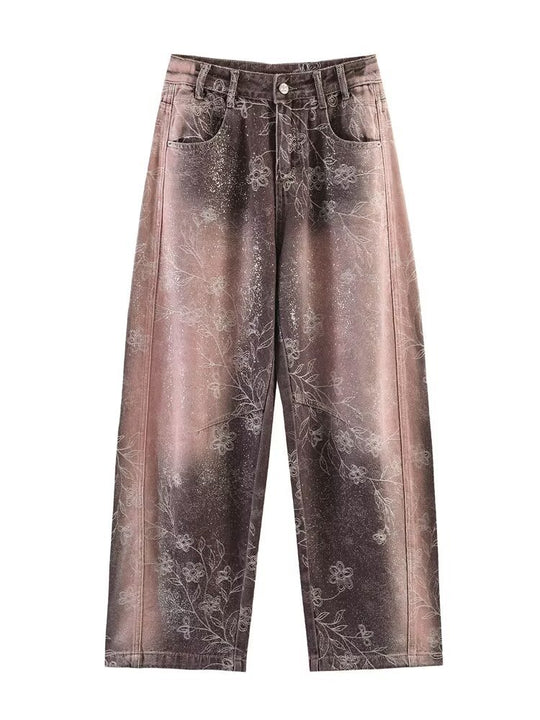 Damen Weite High‑Waist‑Jeans mit floralem Allover‑Print und Used‑Farbverlauf Shop Nory