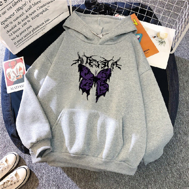 Damen nan Oversize-Kapuzenpullover mit gothischer Schmetterlings-Illustration und Kängurutasche Shop Nory