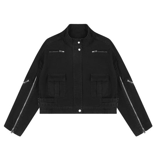 Damen Cropped Utility-Jacke mit Stehkragen, Mehrfachtaschen und Reißverschlussärmeln Shop Nory