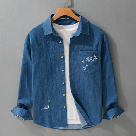 Herren Texturiertes Chambray-Overshirt mit maritimer Stickerei und Brusttasche Shop Nory