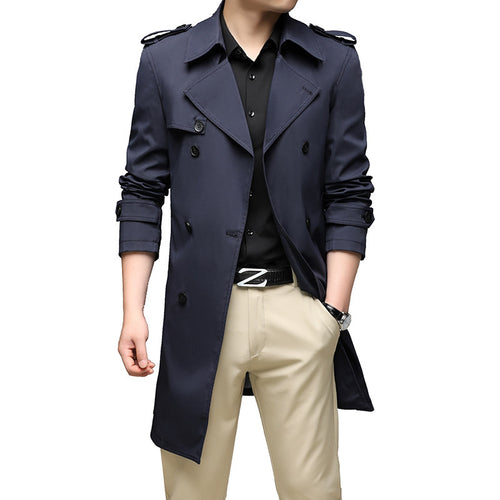 Herren Langer Slim-Fit Doppelreihiger Trenchcoat mit Epauletten und Taillengürtel Shop Nory