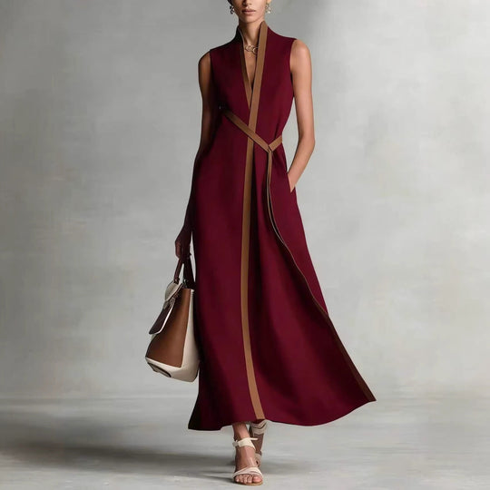 Damen elegantes Maxikleid mit Taillenschnitt und schmalem Gürtel Shopnory