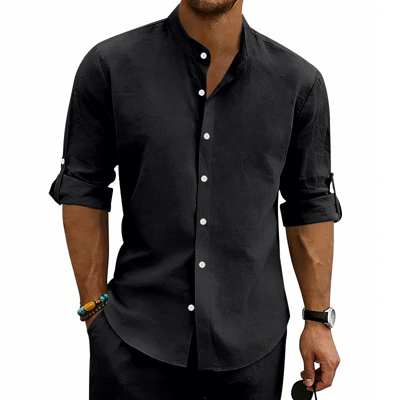 Herren Modernes Leinenmix-Hemd mit Stehkragen, aufrollbaren Ärmeln und schmaler Knopfleiste Shop Nory
